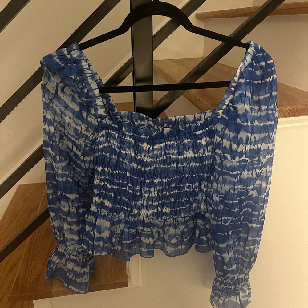 Blue and White Smocked Zara Women's Top